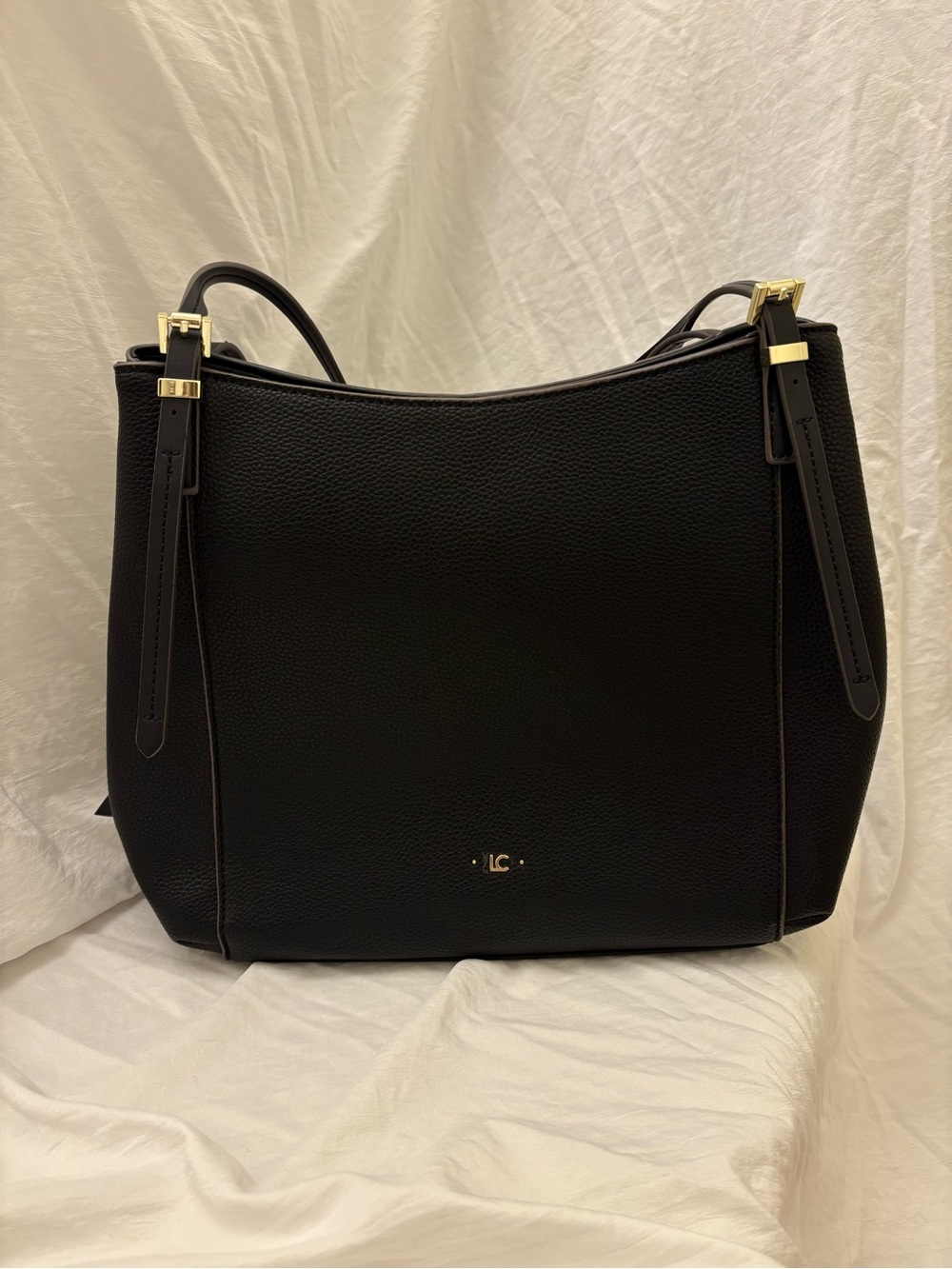 Liz Claiborne Black Pebbled Faux Leather Tote Bag with Gold Hardware
